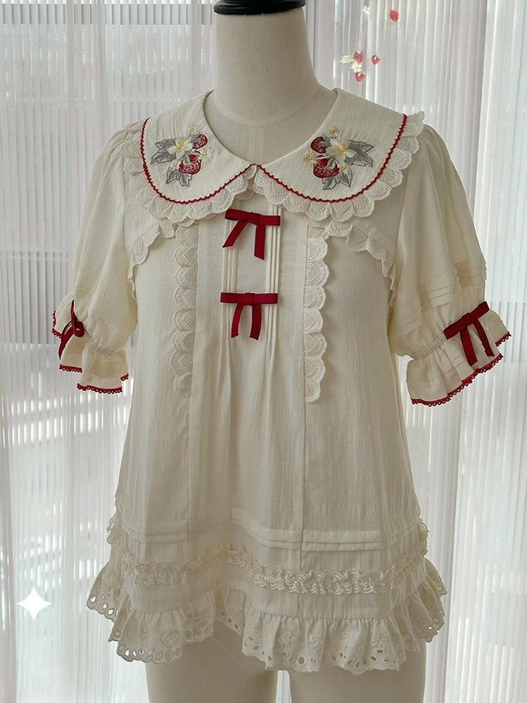Piggy Bun - Sweet Lolita Shirt Strawberry Embroidery Ivory Blouse Blouse XS