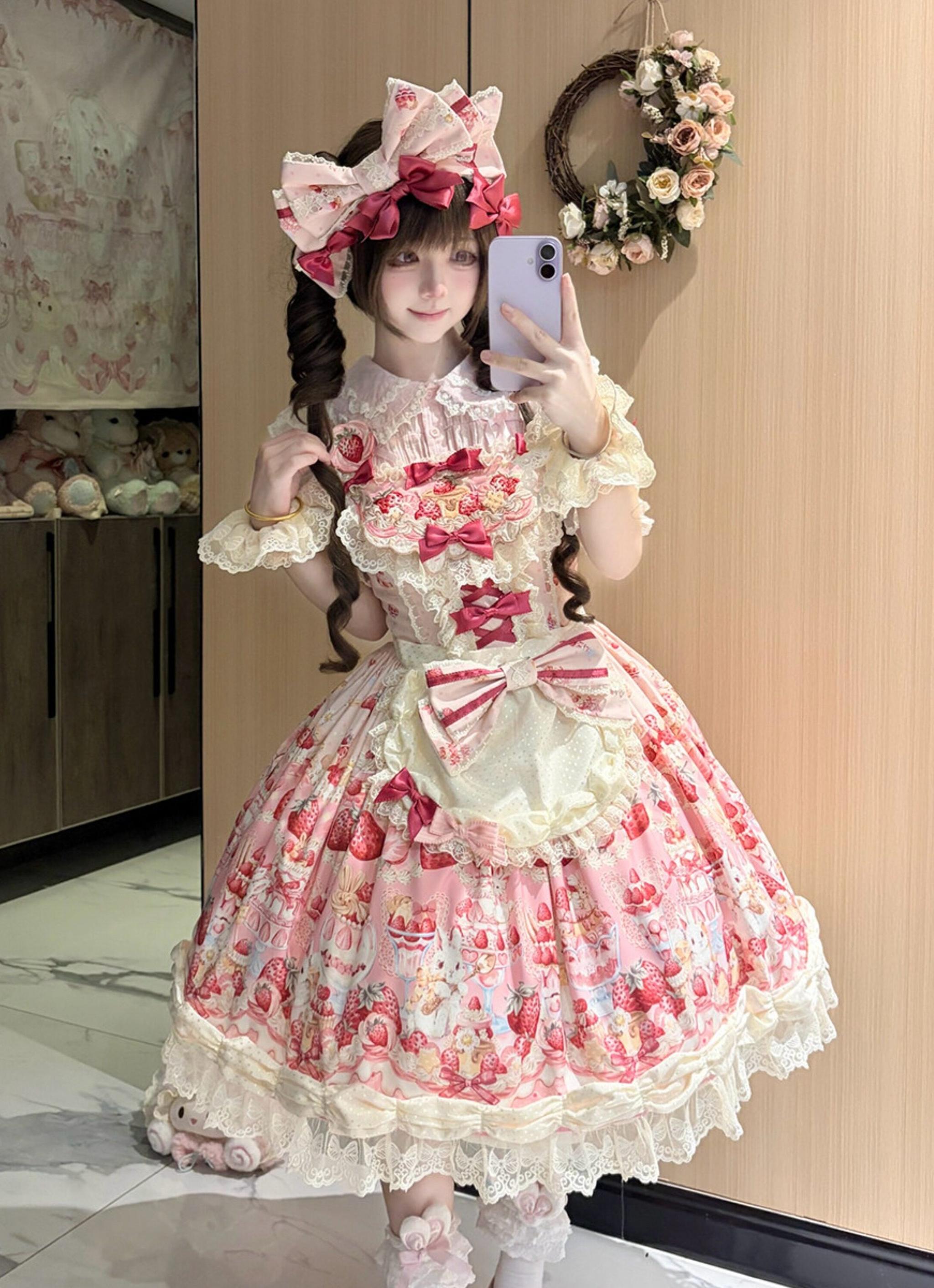 Bavarois Dessert Bunny - Sweet Lolita Strawberry Print JSK Dress 45546:855039