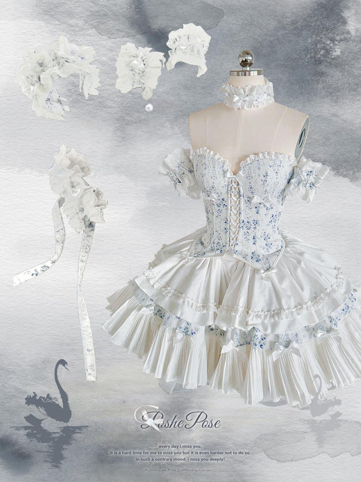 POSHEPOSE~Celadon Overture~Sleeveless Princess Lolita Skirt Suit Fishbone Top Tiered SK blue and white porcelain suit (top+ skirt+ choker+ 2 armlets+ headdress) XS