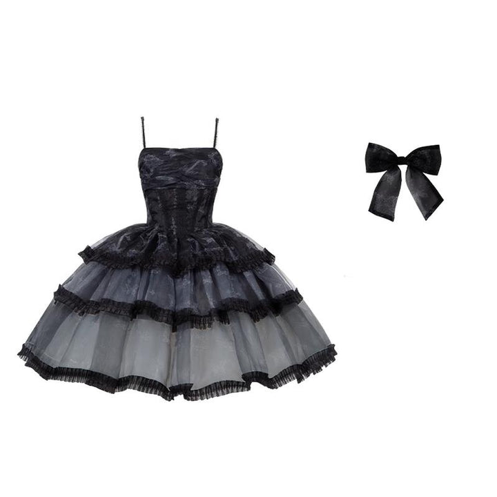 With PUJI~Butterfly Dream SP~Classic Lolita JSK Dress Fishbone Black Dress S JSK + Bow 