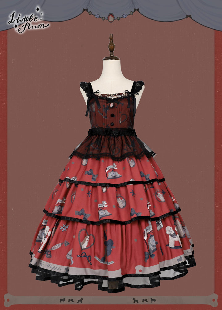 LittlePlum~Telephone Dog~Black Red Classic Lolita Dress Set with OP JSK and Skirt (F L M S) 42068:725562