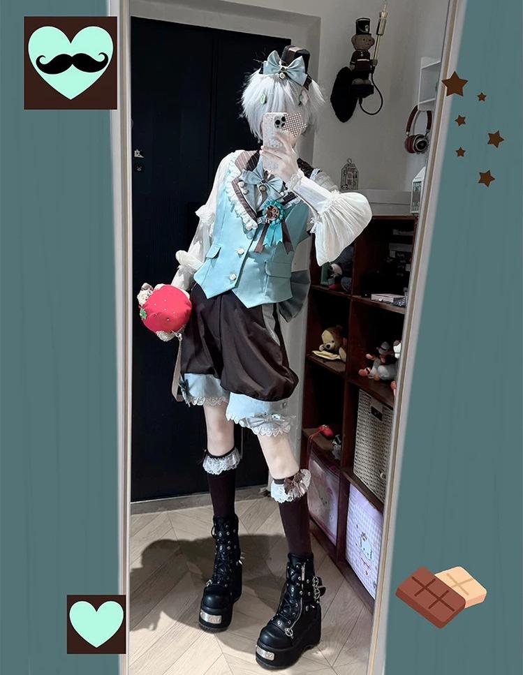 Candy Shop - Mint-chocolate Ouji Lolita Vest, Blouse and Shorts Outfit 45771:861883