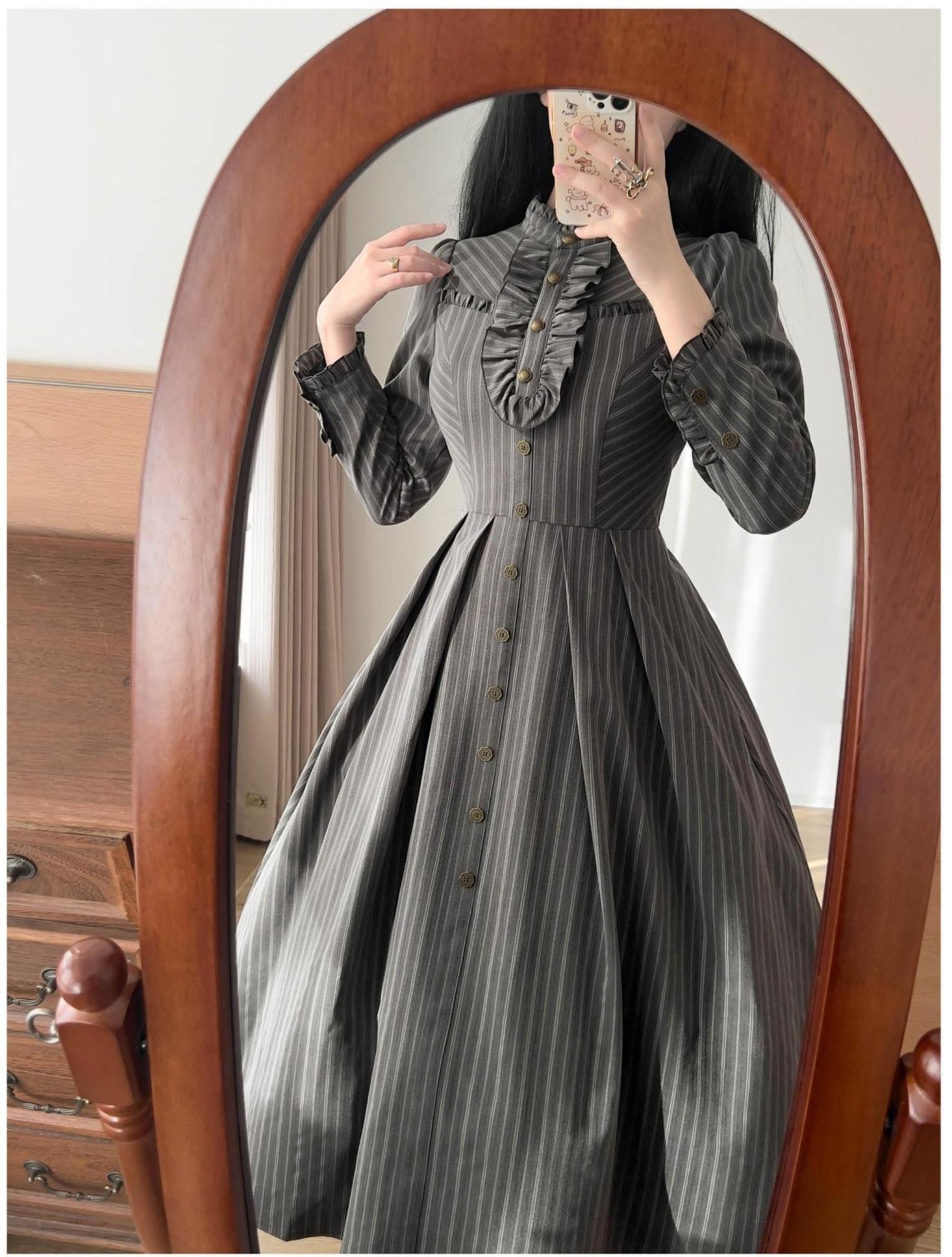 Forest Castle - Classic Lolita Long Striped Dress, Irregular Hem Vest 44441:809882
