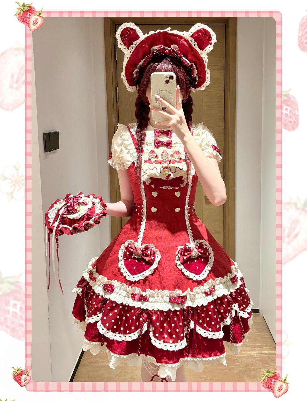 Cream Berry Party - Sweet Lolita JSK Dress, Strawberry Polka-Dot Print 45860:866844