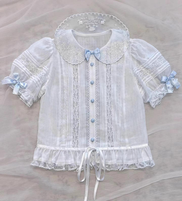 ZUOlanrichen~Puppet Show~Sweet Lolita JSK Dress Puff Sleeves Lolita Shirt S White · blue apple shirt 