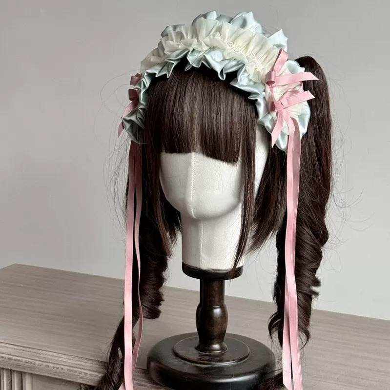 MAID - Elegent Lolita Bonnet Black Ribbon BNT Green x Pink Headband