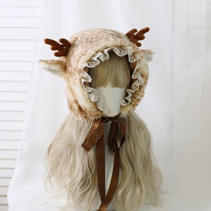 Xiaogui~Deer Spot~Japanese Kawaii Lolita Hat Cute Antler Fleece Lei Feng Hat M (56-58 cm/ 22-23.2 inches) Elk ear Lei Feng hat(with lace trim) 