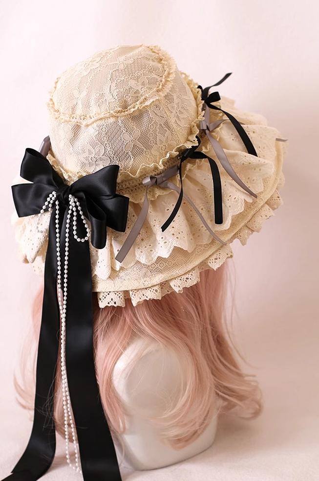 Xiaogui - Elegant Lolita Sunshade Hat Floral Bow Hats One Size. The brim has soft wires that can be shaped. Satin ribbon in black and light gray (lace hat)