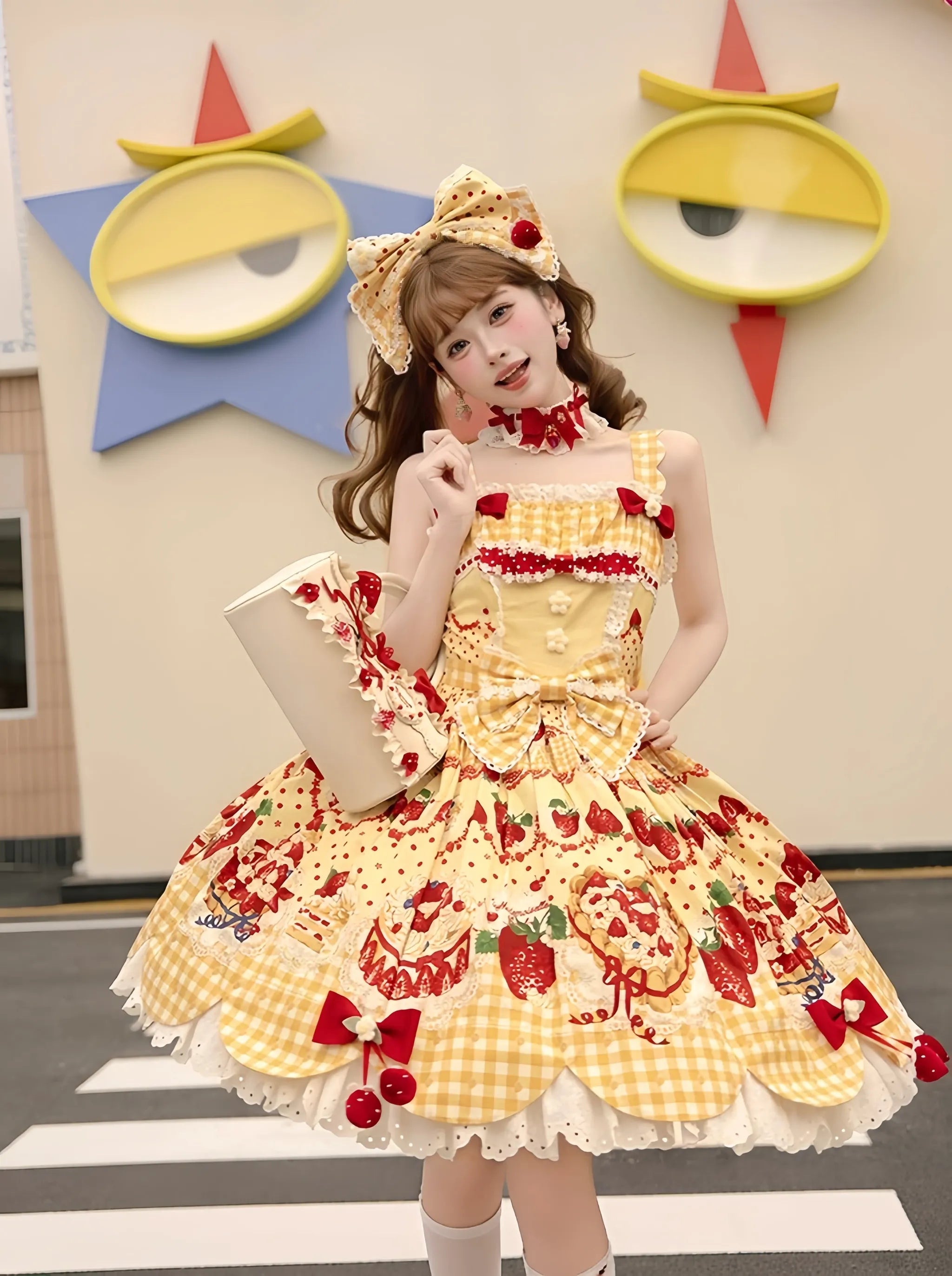 Strawberry Cake Pictorial - Cotton Sweet Lolita Petal Hem JSK, Strawberry Cake Print 45810:863221