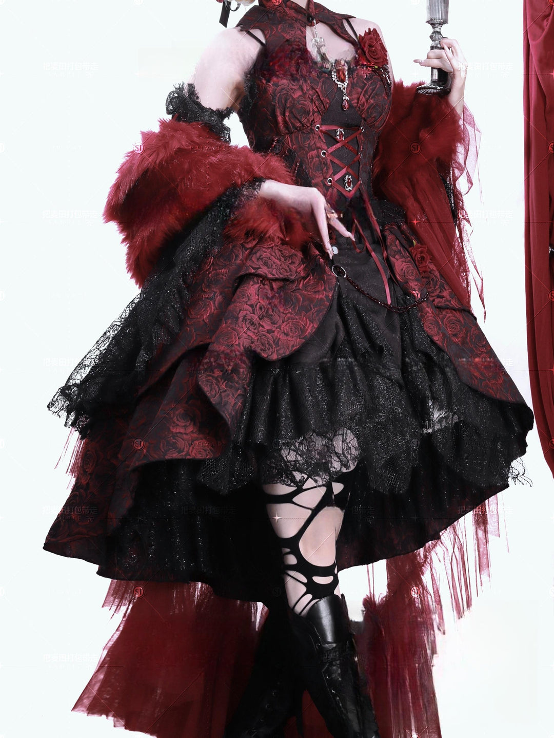 Cornfield Lolita~Rose Blood~Black Red Gothic Lolita JSK Jacquard Court Dress 40688:673092