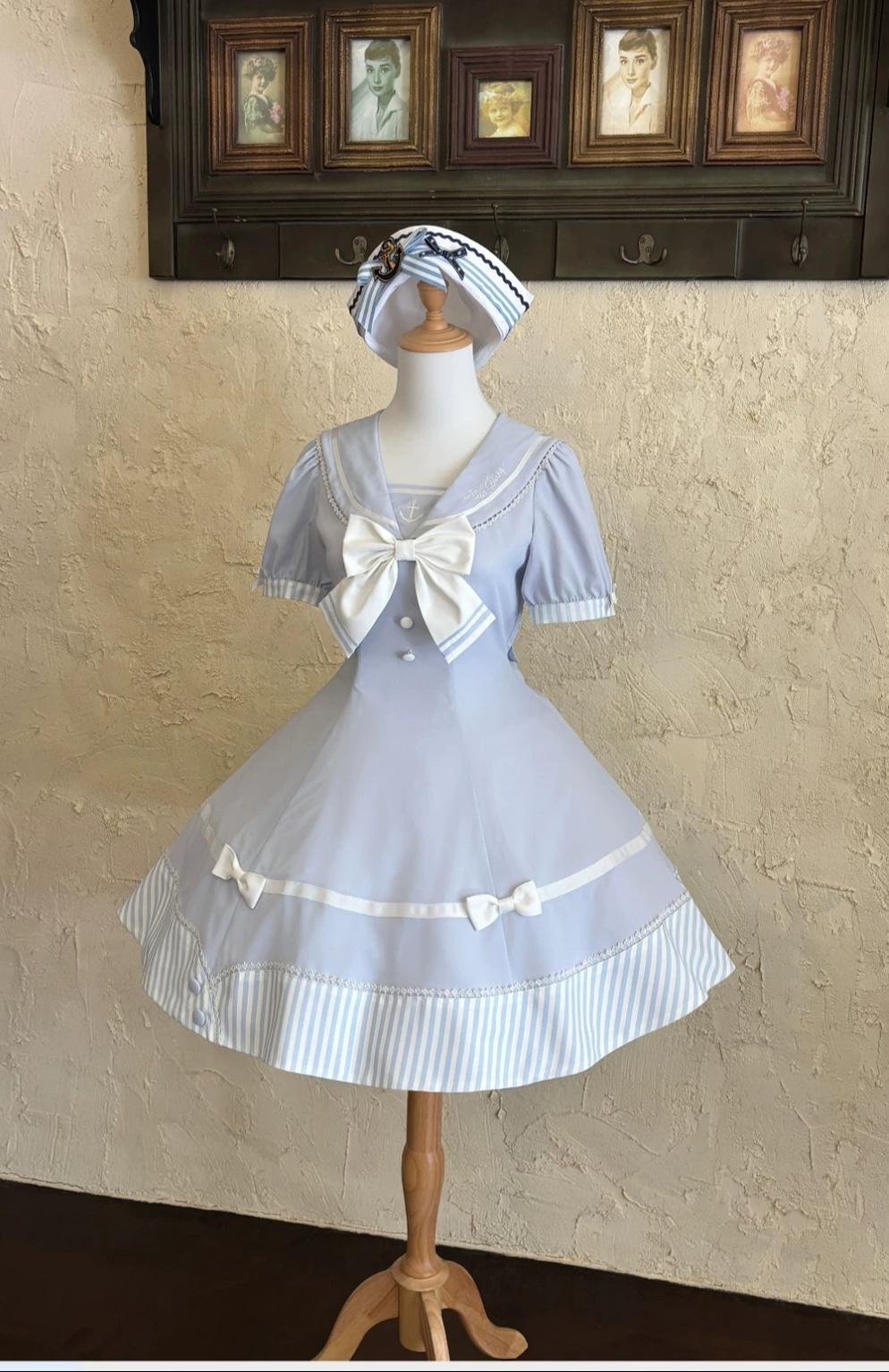 Little Sea Breeze - Summer Sailor Lolita OP Dress with Detachable Bow (L M S XL) 45712:859321