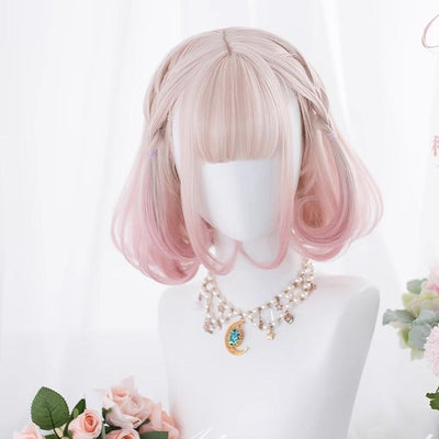 Alicegarden~Cherry Puff~Sweet Lolita Wig Gradient Pink Wig with Long Curly Ponytails short wig with a hairnet  