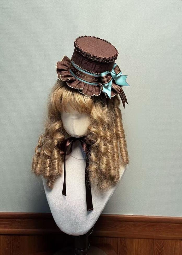 Alice Girl - Bear Chocolate Slab - Jacquard Classic Lolita Accessories One Size Chocolate Brown with Mint Green Bow - Small Top Hat