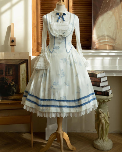 (BFM)Aurora Borealis~Rose Waltz~Elegant Vintage Lolita Collared Vest JSK Dress XS chilly white print 