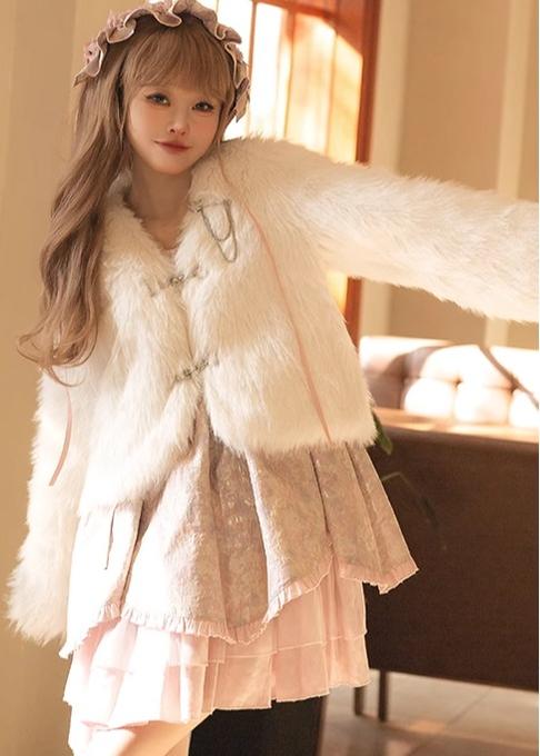 Urtto~Snow Song~Winter Lolita Coat Faux Fur Warm Plush Set   