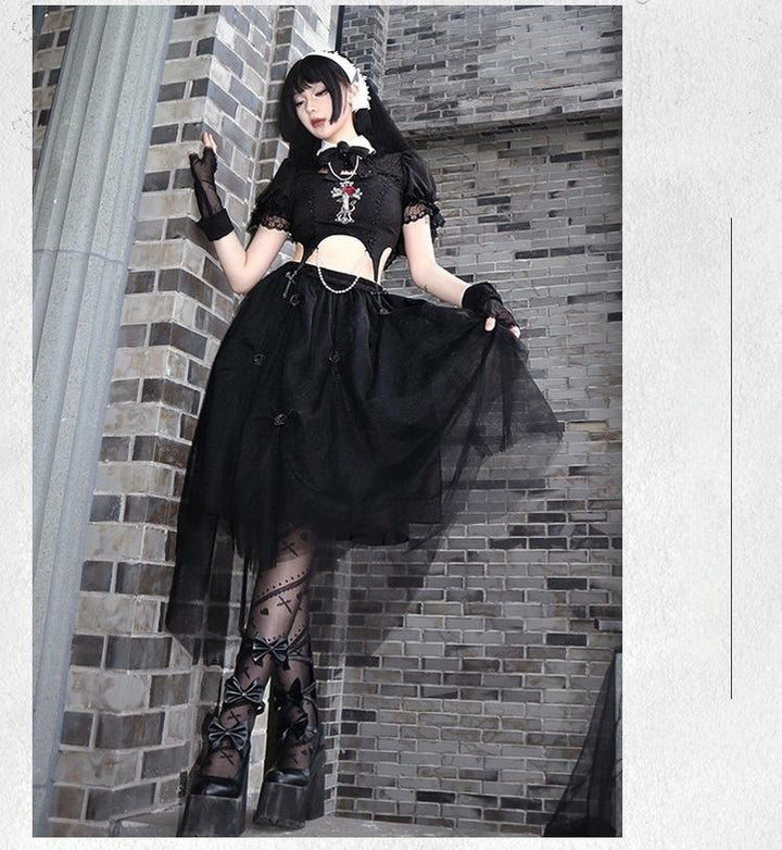 With PUJI~Evil Flower~Gothic Lolita Skirt Set Rose Embroidered Hollow Out Blouse 39596:631222