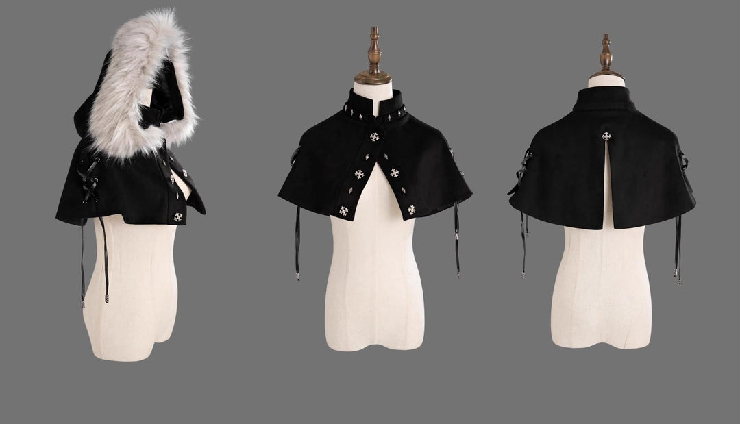 Wuyuzhe~Wolf Hunter~Gothic Lolita SK Set Halter Overskirt Cape Vest S Black-Wolf Ear Cape 