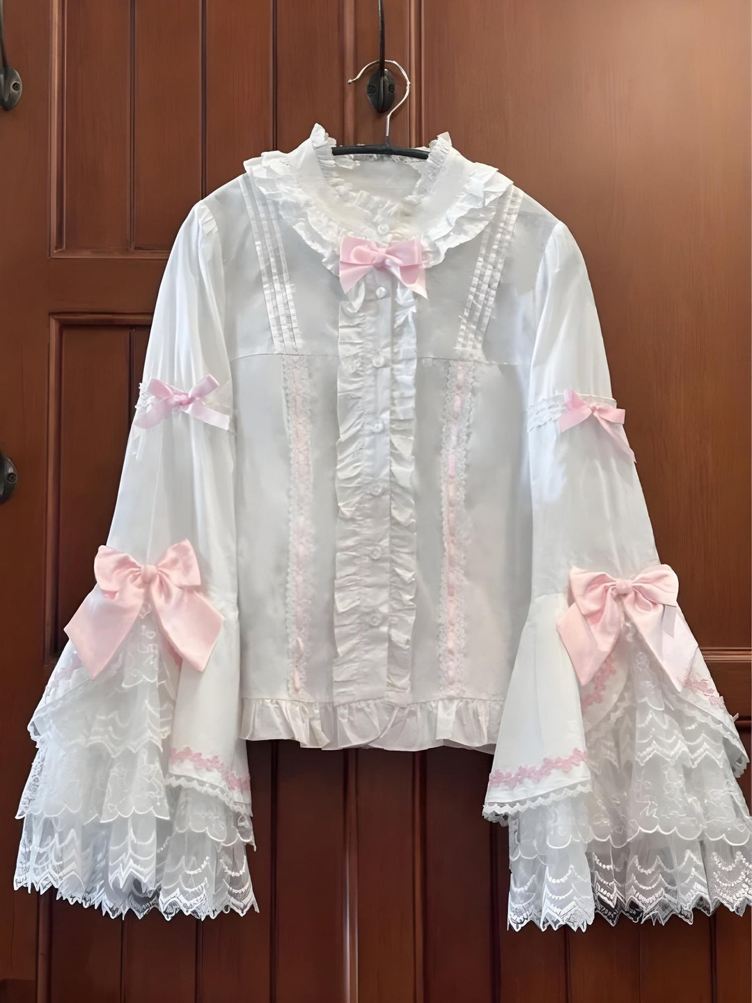 MQ Cat Ball~Maze Doll~Old School Lolita Princess Sleeves Shirt Short Cotton Blouse Pink and white Long-sleeved shirt S