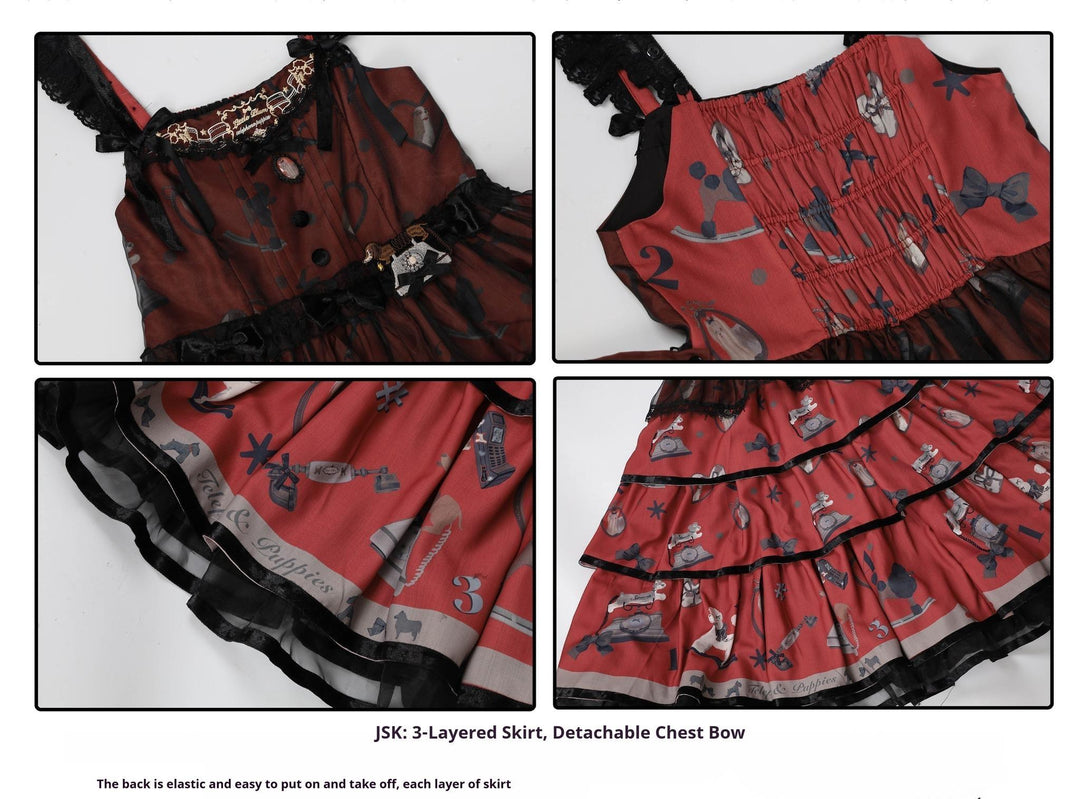 LittlePlum~Telephone Dog~Black Red Classic Lolita Dress Set with OP JSK and Skirt