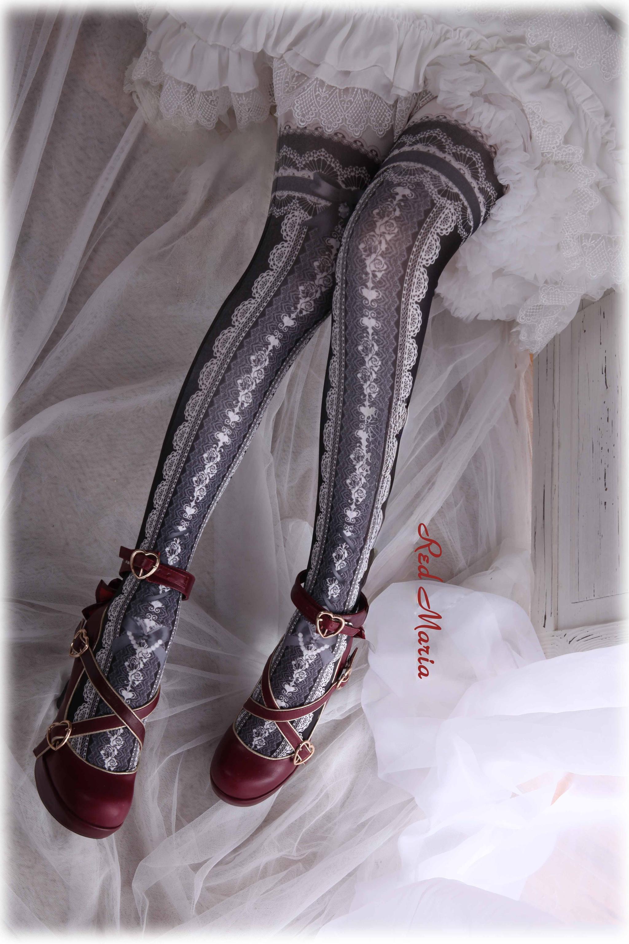 Red Maria - Lace Printed Bow 80D Lolita Tights Multicolors One Size Black