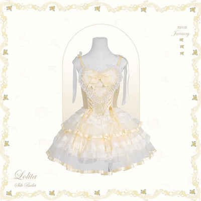 Flower and Pearl Box~Silk Ballet~Wedding Lolita JSK Dress Princess Ballet Dress XS Short JSK (Yellow) 