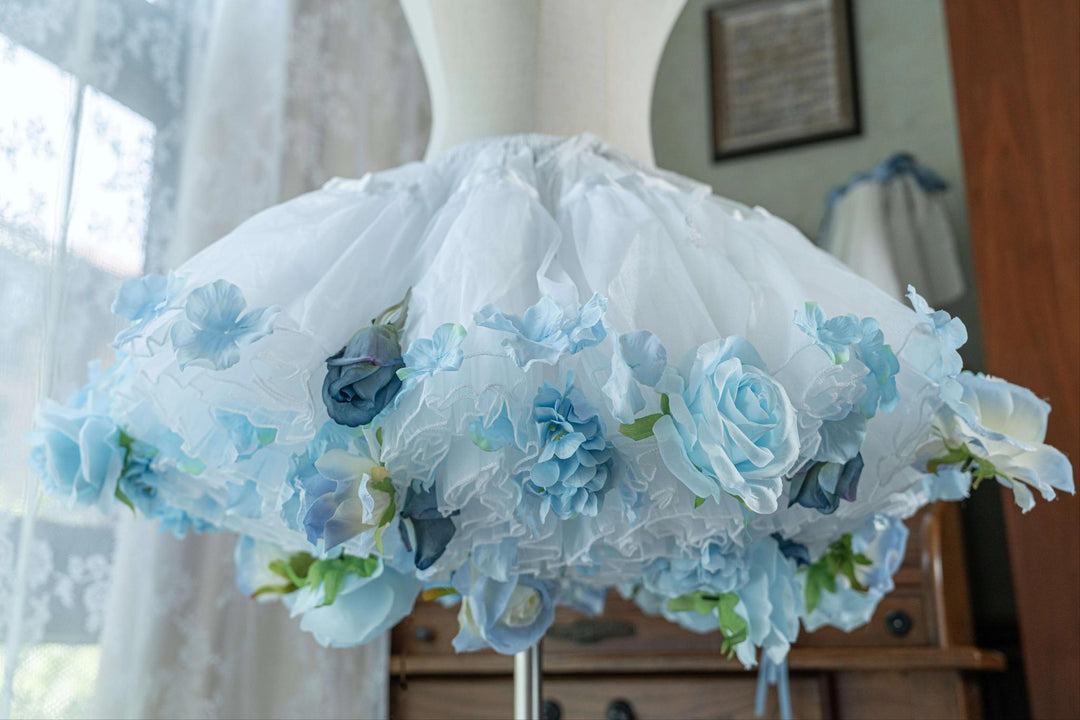 Sky Rabbit~Floral Lolita Petticoat with Detachable Trim White X Light Blue Free size Double-layer Petticoat - 35 cm (2 petticoats included)