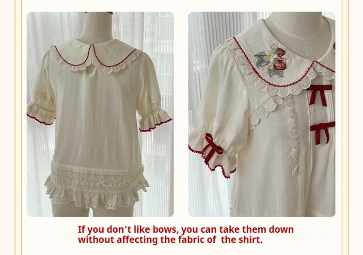 Baozizhu~Sweet Lolita Shirt Strawberry Embroidery Ivory Blouse