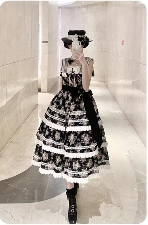 Black Rose - Printed Old School Lolita Dress, Front Opening