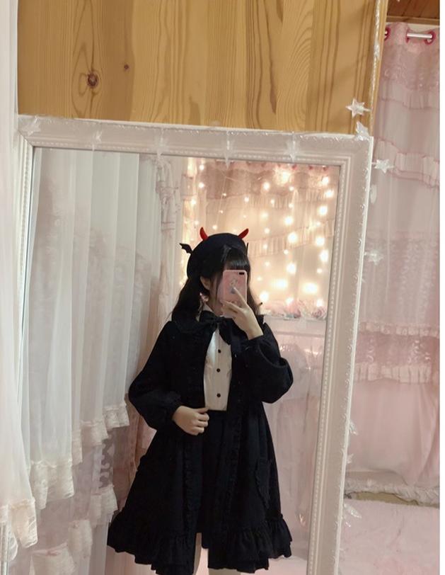 Dawn and Morning~Winter Lolita Coat Lovely Lolita Wool Coat Dress L Black 