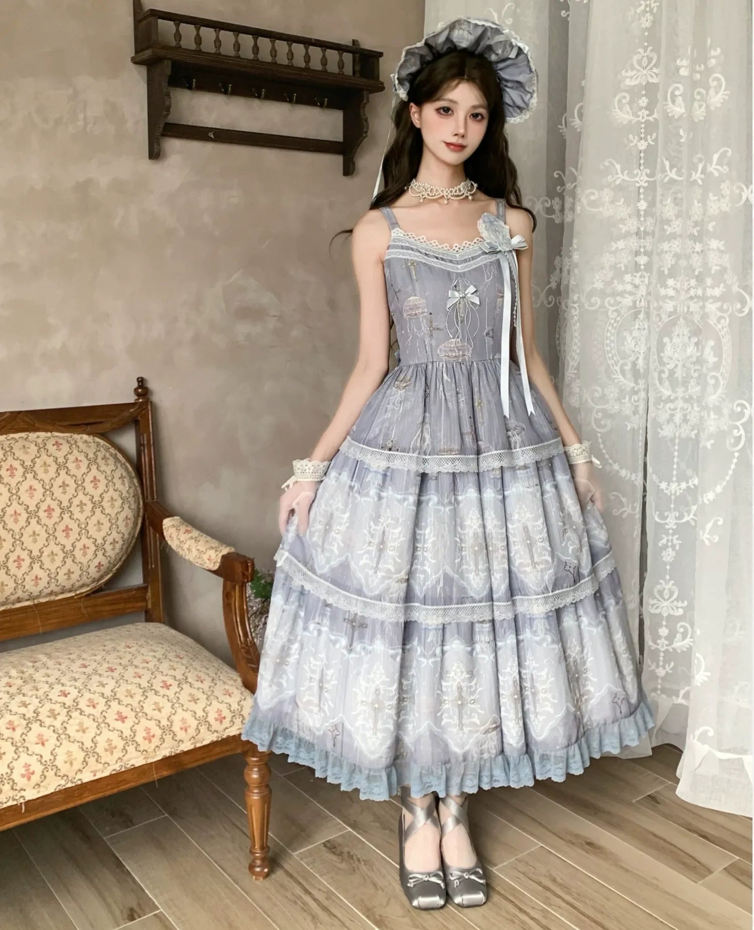 Moonlit Sea Realm - Cotton Lined Classic Lolita OP and JSK Dress, Jellyfish Print 45508:850434