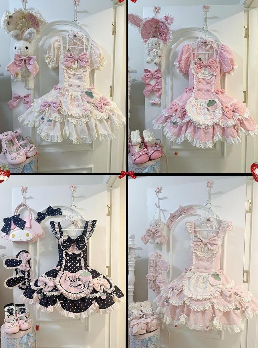Salty Cream - Strawberry Polka Dot - Sweet Lolita JSK Dress Suit, Detachable Apron 43897:789450