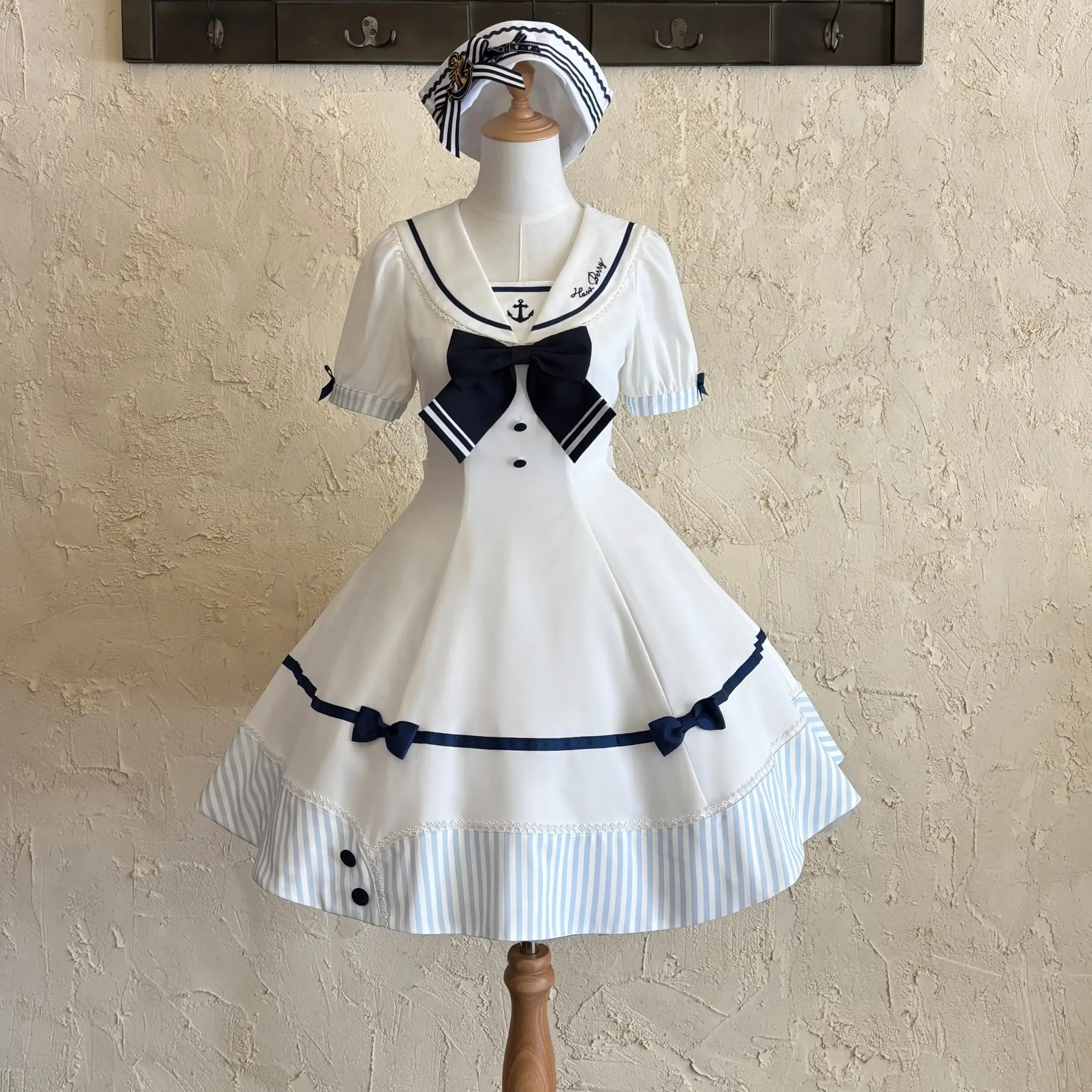 Little Sea Breeze - Summer Sailor Lolita OP Dress with Detachable Bow (White / L M S XL) 45712:859233
