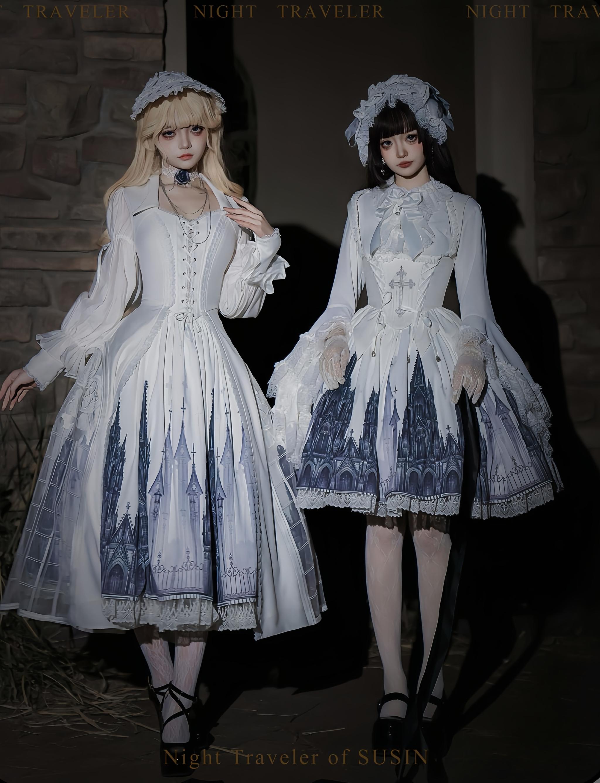 Susin Lolita - Night Traveler - Gothic Lolita Skirt Outfit Long Coat Shirt and Bustier Set