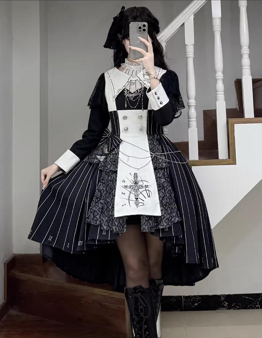 The Choir of the Church - Striped Gothic Lolita Dress Set, High-low Hem