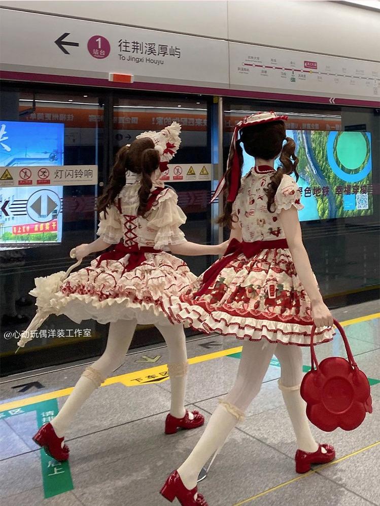Strawberry Garden - Sweet Lolita JSK & OP Dress, Strawberry Print 44455:810032
