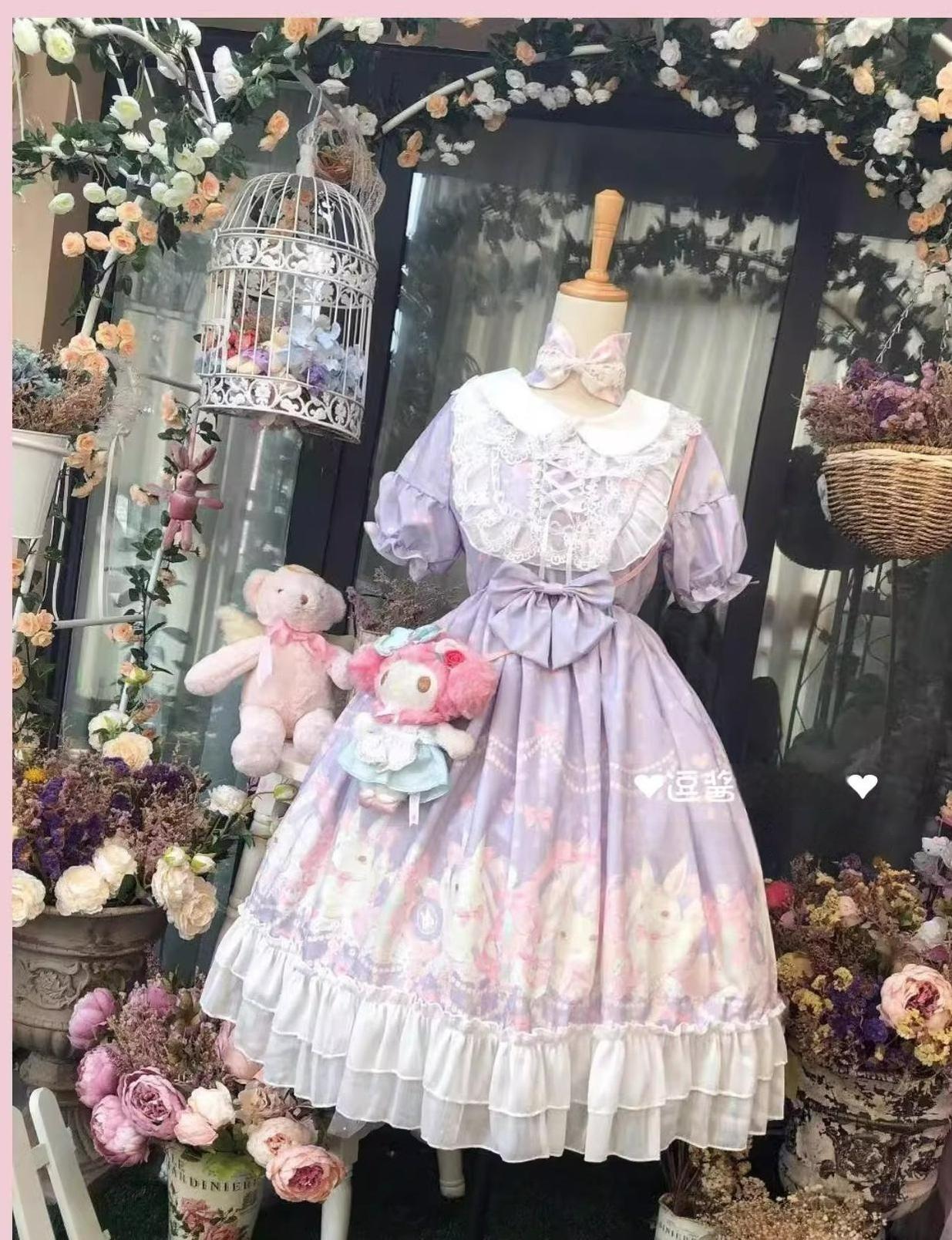 Doujiang - Kawaii Lolita OP Rabbit Print Pink Purple Lace Princess Dress M Short-sleeved rabbit dress only