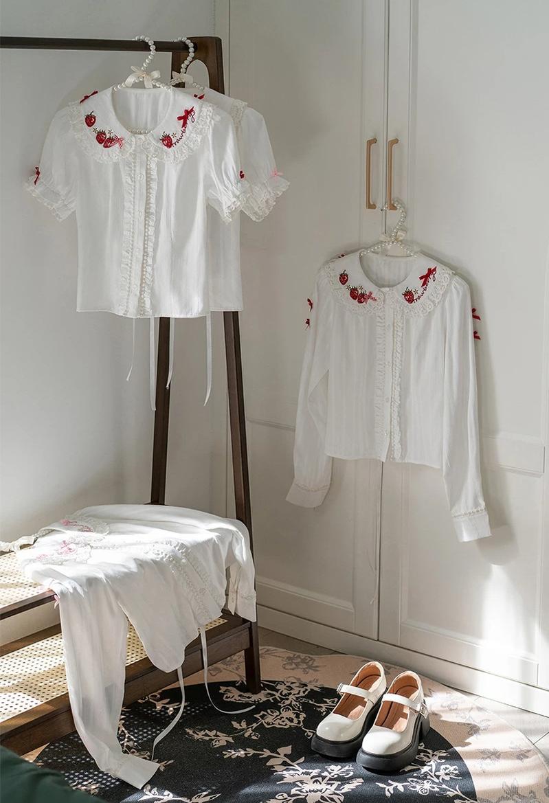 Sweet Lolita Jacquard Blouse, Strawberry Embroidery Collar 45673:858098