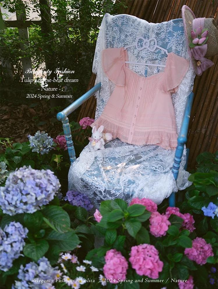 Beleganty~Tulip's Rabbit-Bear Dream~Sweet Lolita SK Suit Lolita Flutter Sleeve Top Pastel Pink - Flutter Sleeve Top S 