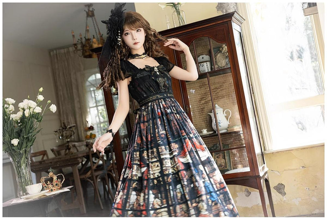 GOTHIC LOLITA~Rosary in the illusional library~Gothic Lolita Print JSK Dress