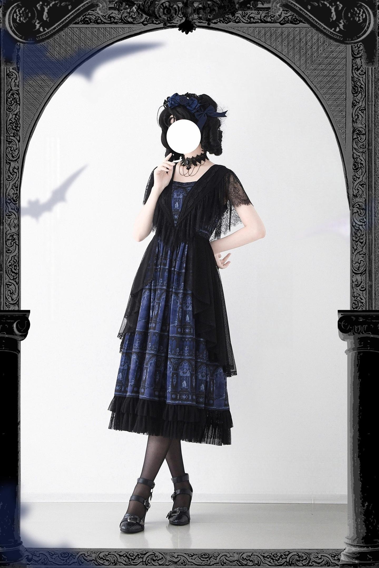 Reims Cathedral - Printed Classic Lolita Dress, Detachable Gauze Outlayer 44701:819226