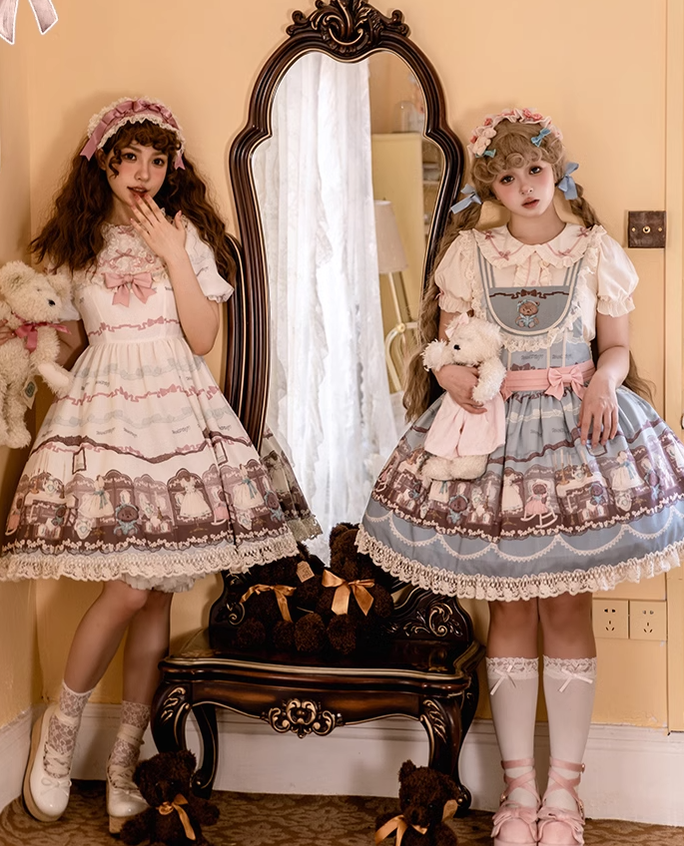 With Puji~Brown Doll House~Kawaii Lolita Brown Print JSK and OP Dress   