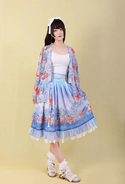 (BFM)EdenLost~Lotus Fish~Wa Style Goldfish Lolita SK Blue Skirt   