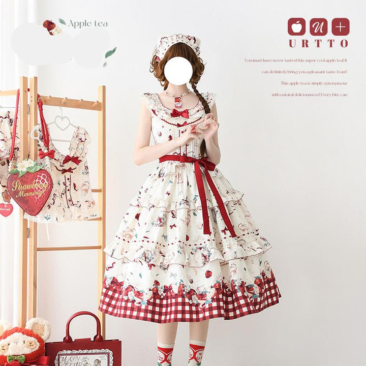 Urtto~Apple Tea~Country Lolita Dress Elegant Floral Print JSK Dress S Long Separates Set - Beige 