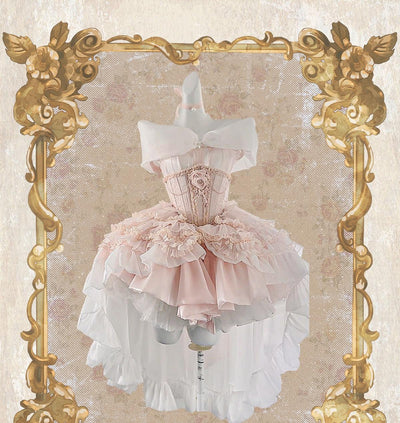POSHEPOSE~Elegant Lolita Jumper Dress Chiffon Dress High-end XS Pink dress set(including shawl excluding bubble sleeves) 