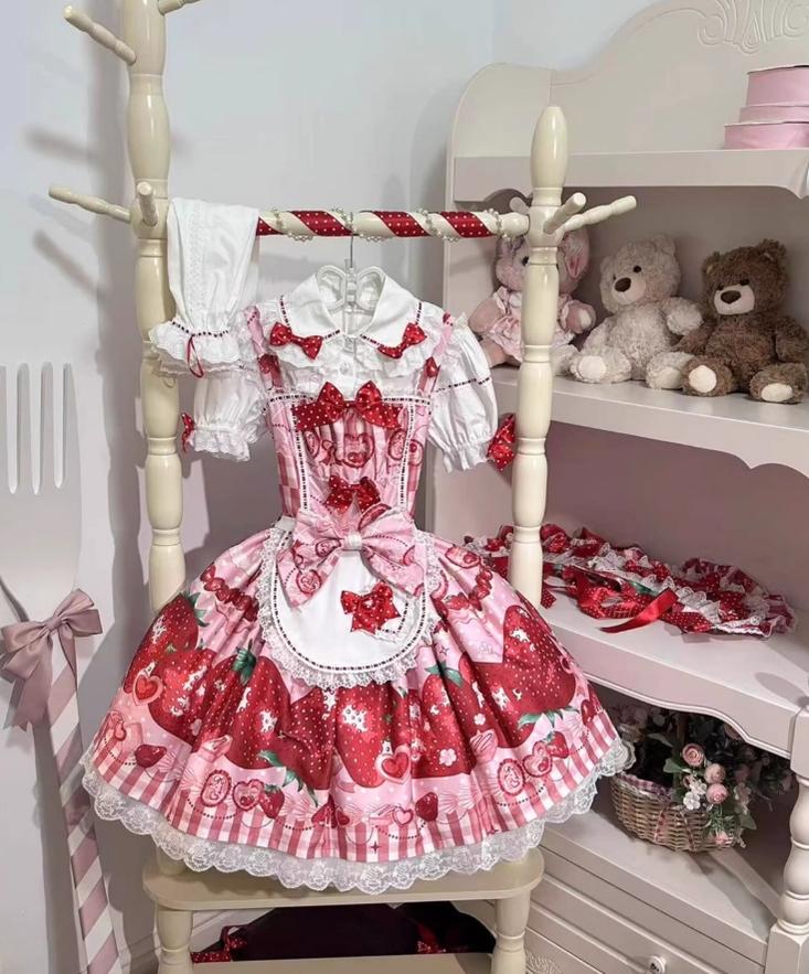 Mengfuzi~Strawberry~Sweet Lolita White Shirt with Detachable Sleeves