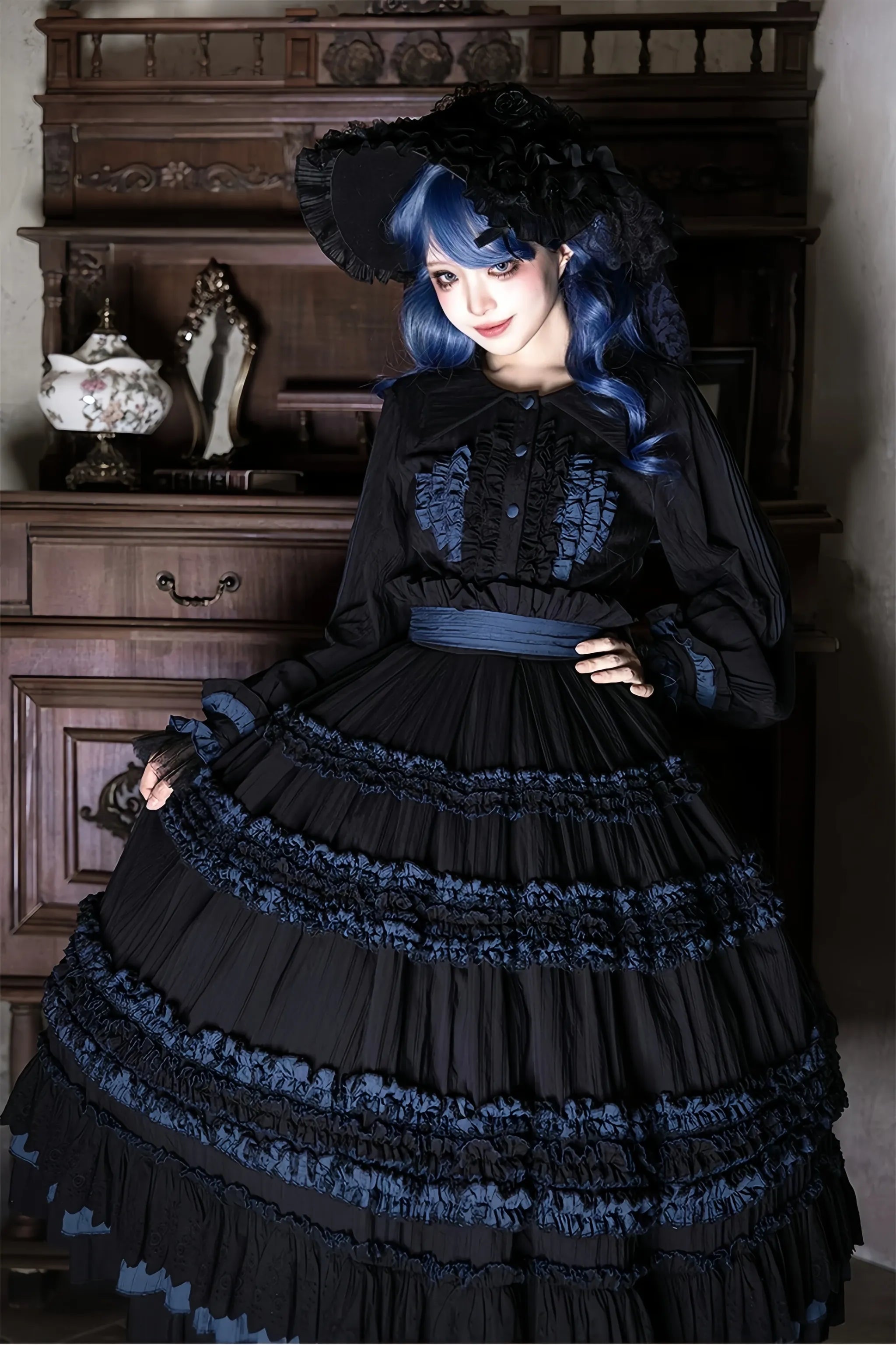 Wings and Bouquet - Dark Classic Lolita Blouse and SK Set, Layered Blue Ruffles 45680:858354