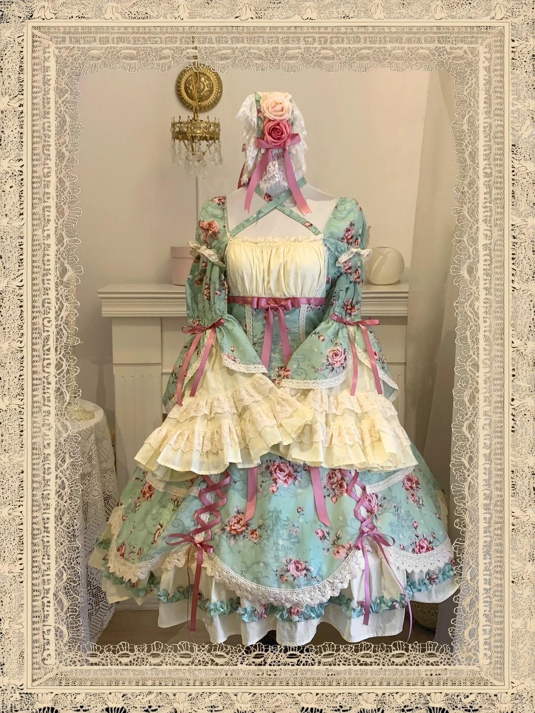 Starry Whisper - Six-panel Old School Lolita Rose Print OP Dress, Back Opening 45791:865219