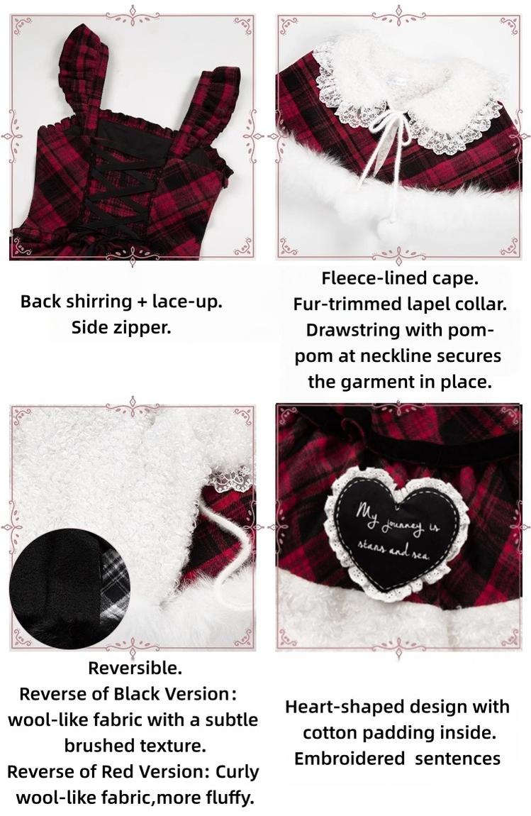With PUJI - Snow Night Serenade - Fluffy Plaid Kawaii Lolita JSK, Reversible Cape 44279:802379