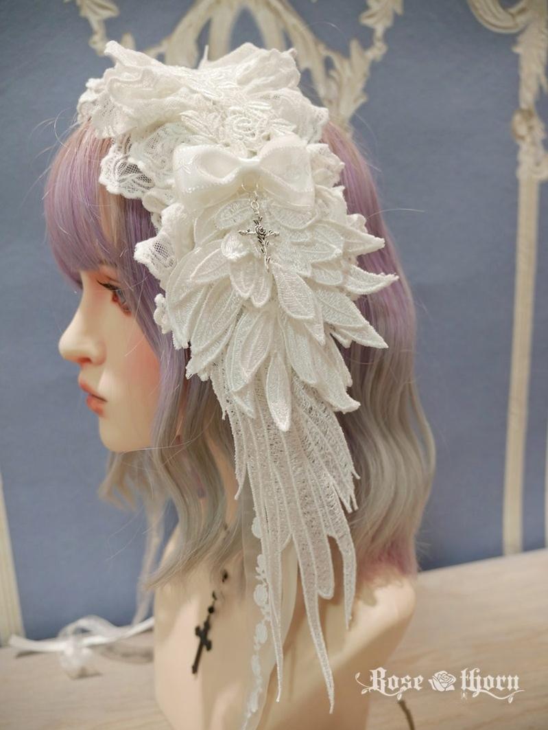 Rose Thorn~Angel Wings~Embroidered Crafted Headband Elegant Lolita Hair Accessories All white  