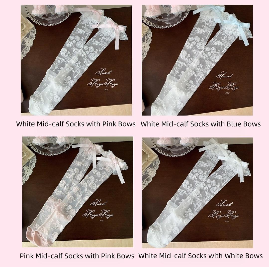 Summer Sweet Lolita Rose Jacquard Bow Socks 45682:858190